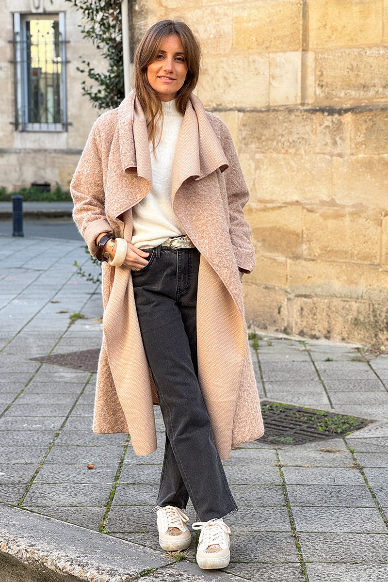 Beige Brushed Wool Drape Front Duster