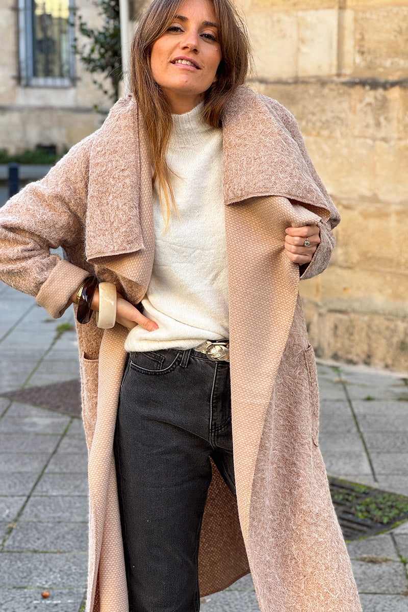 Beige Brushed Wool Drape Front Duster