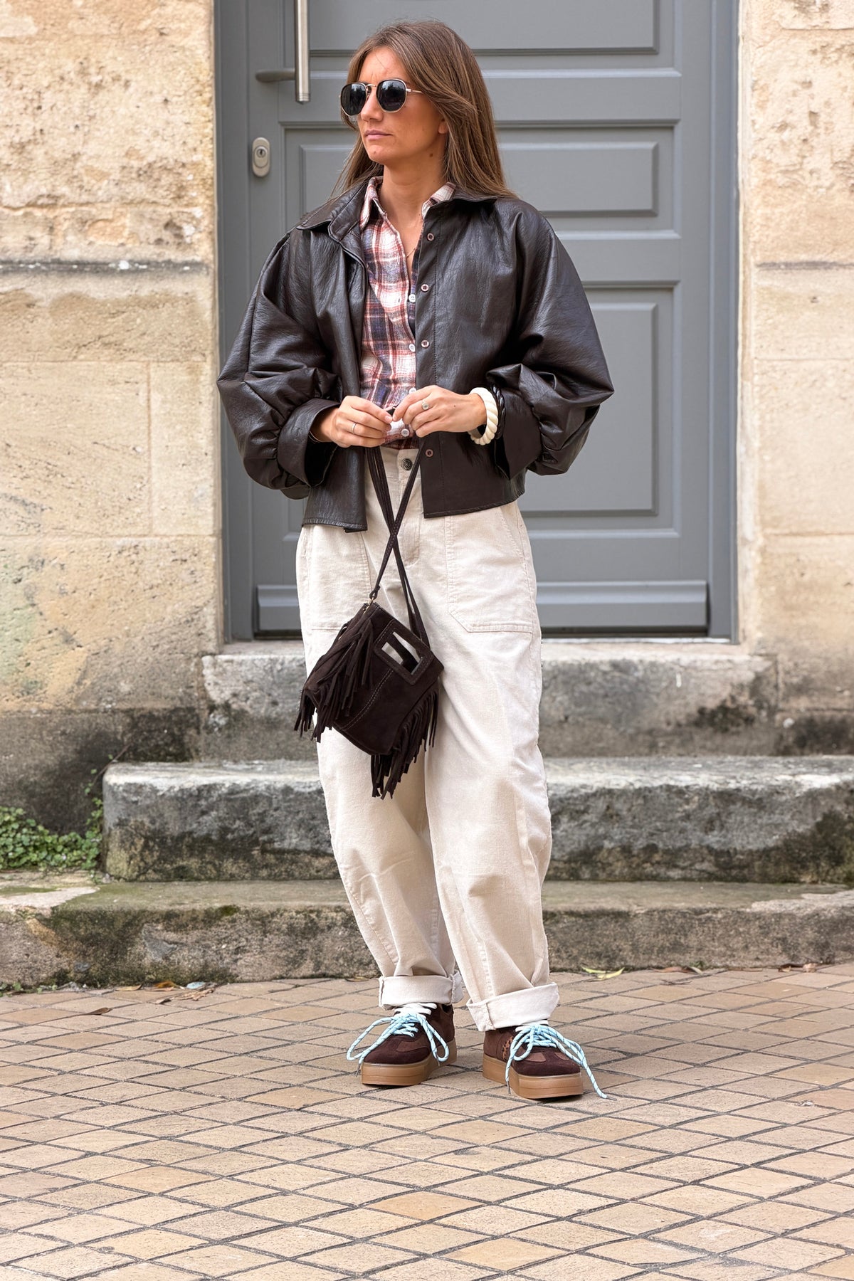 Veste marron en simili cuir souple manches chauve souris