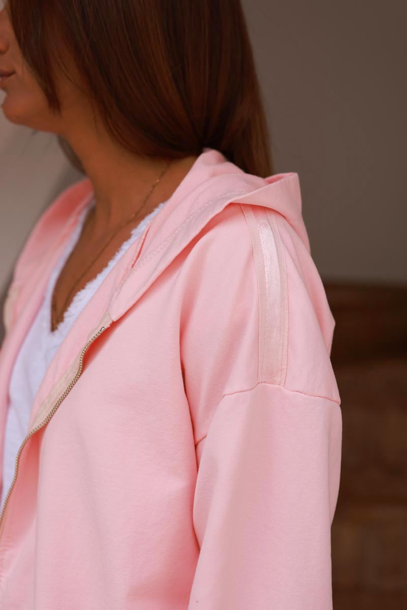 Light Pink Satin Stripe Stretch Knit Zip Hoodie