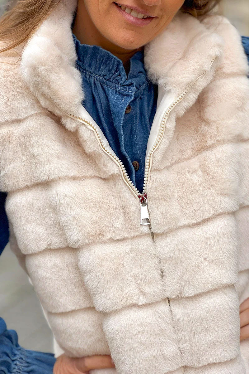 Cream Faux Fur Zip Front Vest