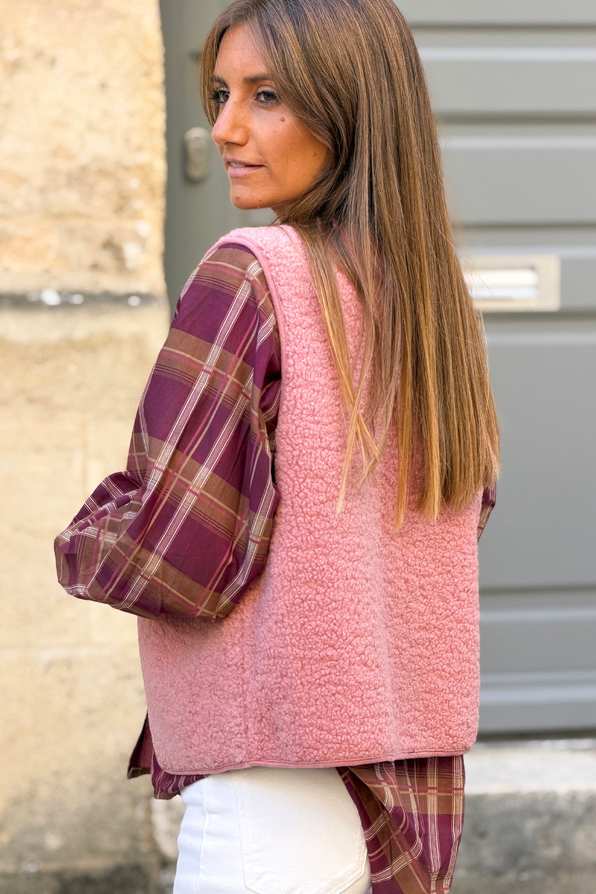 Pink Sherpa Button-Down Vest