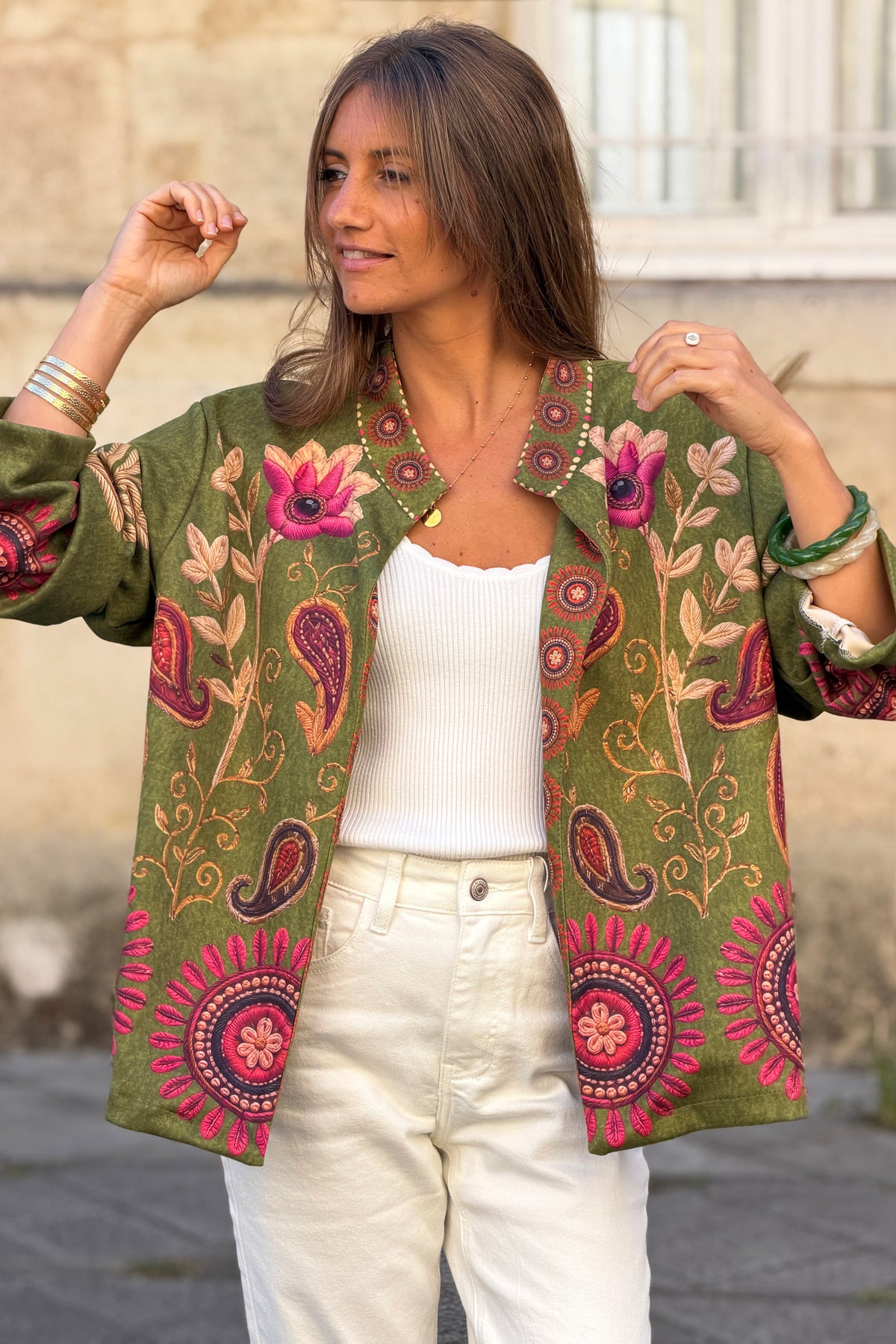 Veste souple en suédine kaki imprimé cachemire Paisley effet broderie