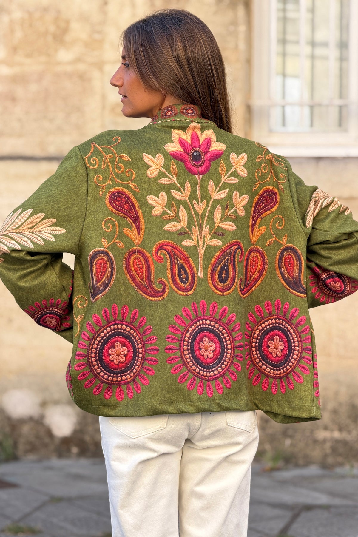 Veste souple en suédine kaki imprimé cachemire Paisley effet broderie