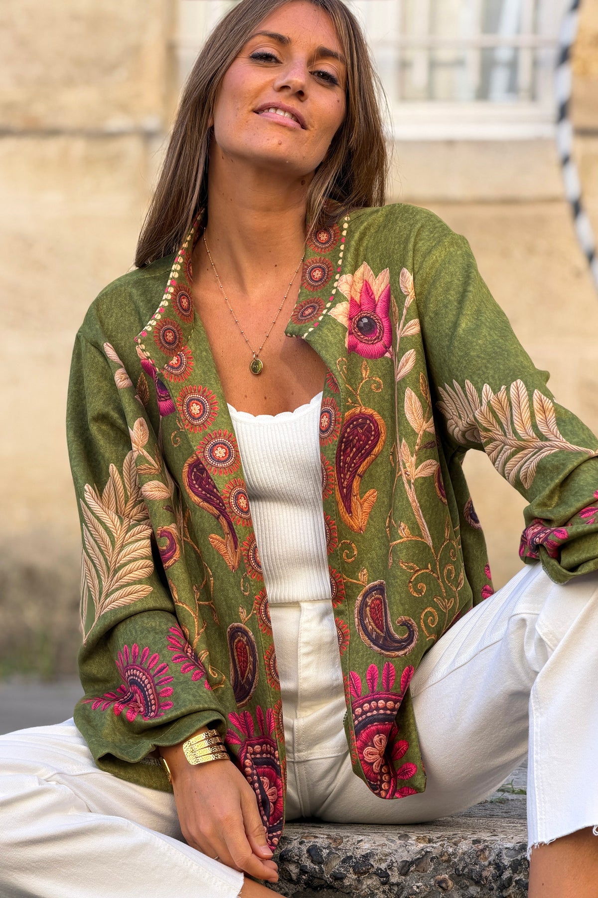 Veste souple en suédine kaki imprimé cachemire Paisley effet broderie