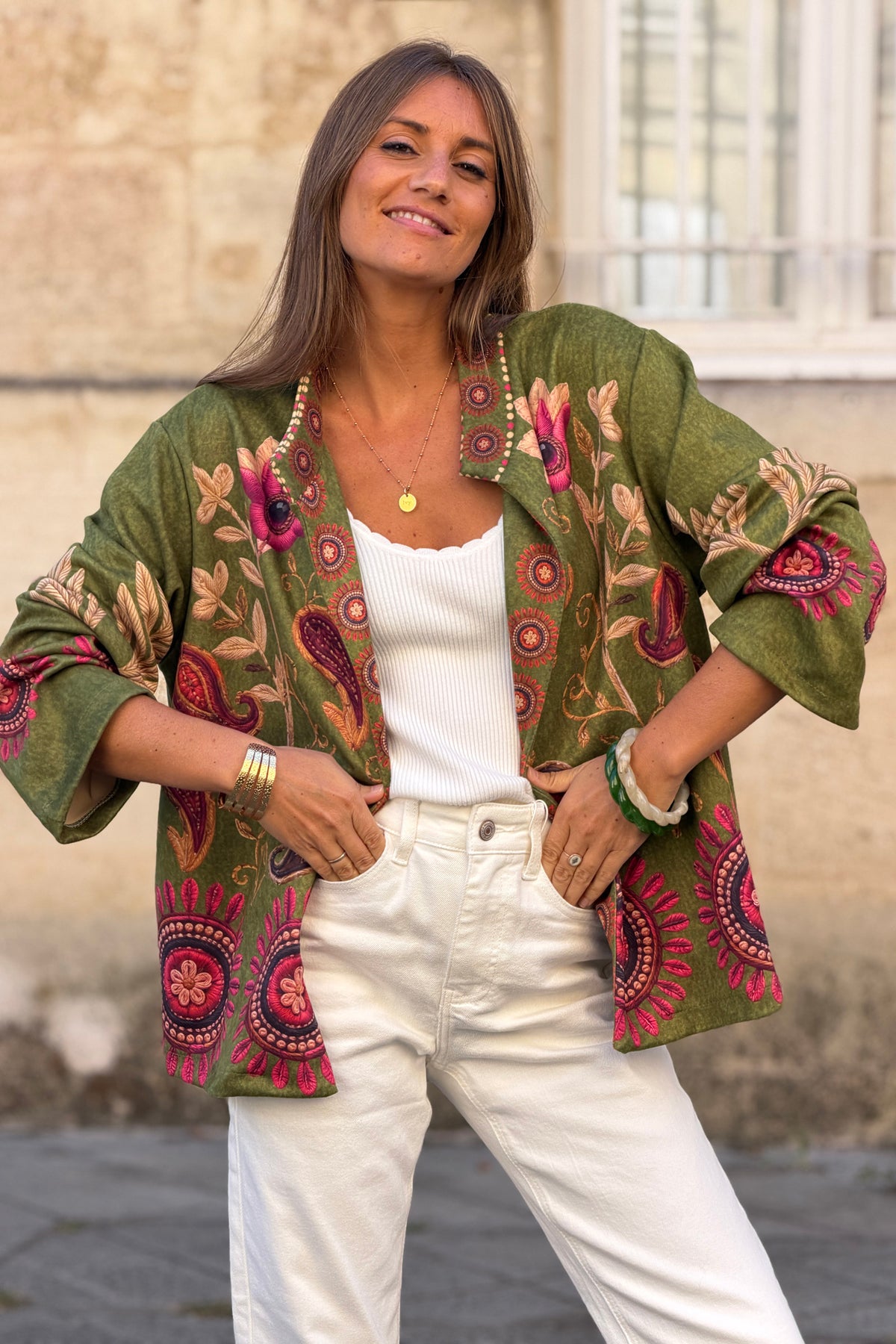 Veste souple en suédine kaki imprimé cachemire Paisley effet broderie