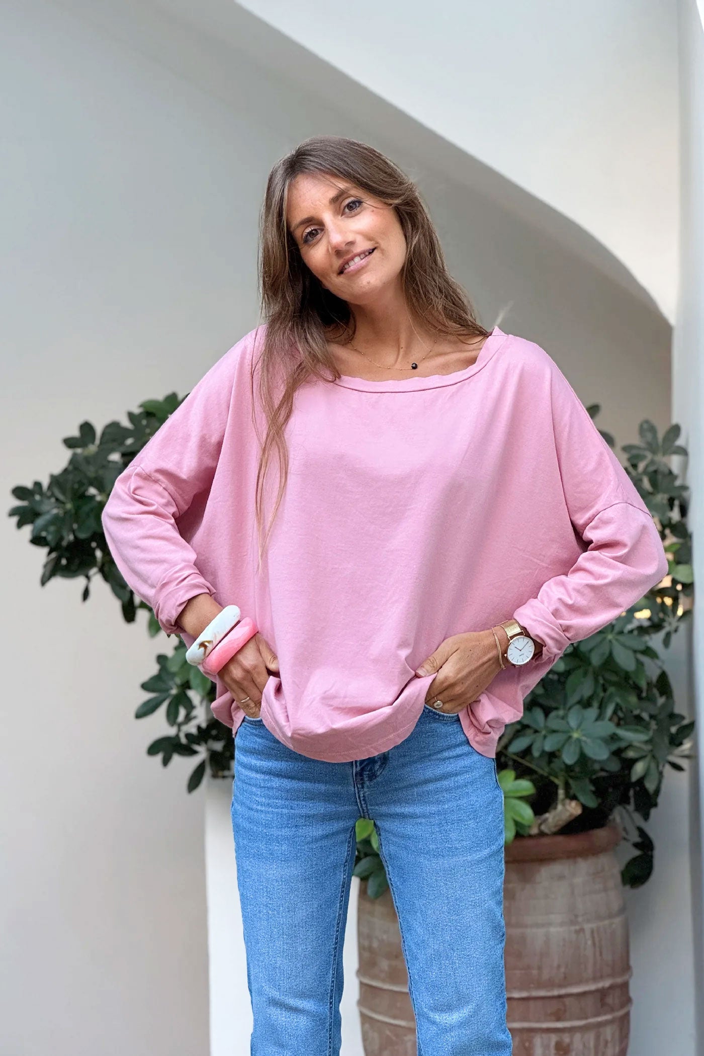 Baby Pink Boat Neck Long-Sleeve Jersey Tee